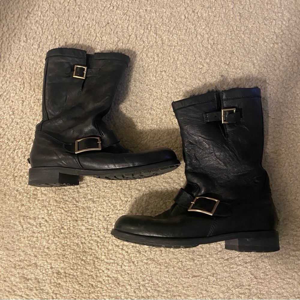 Jimmy Choo Leather Buckle Biker Fur Lined Boots